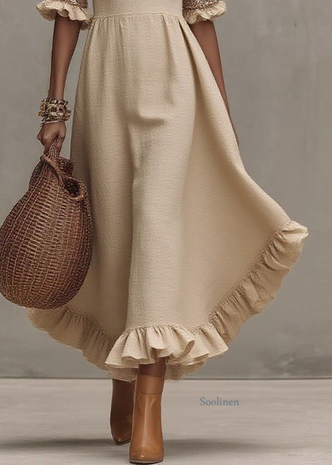 Fashion Beige Square Collar Ruffled Wrinkled Long Dress Summer