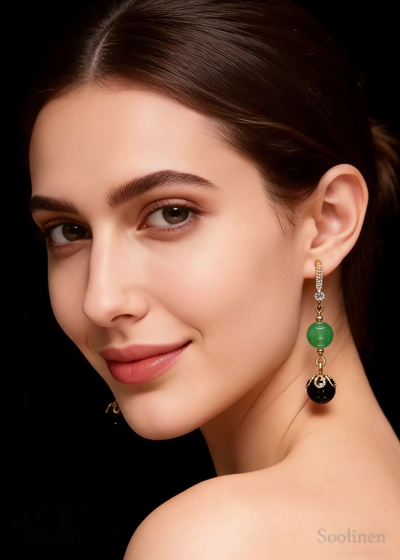 Fashion Black Agate Tassels Jade Drop Earrings