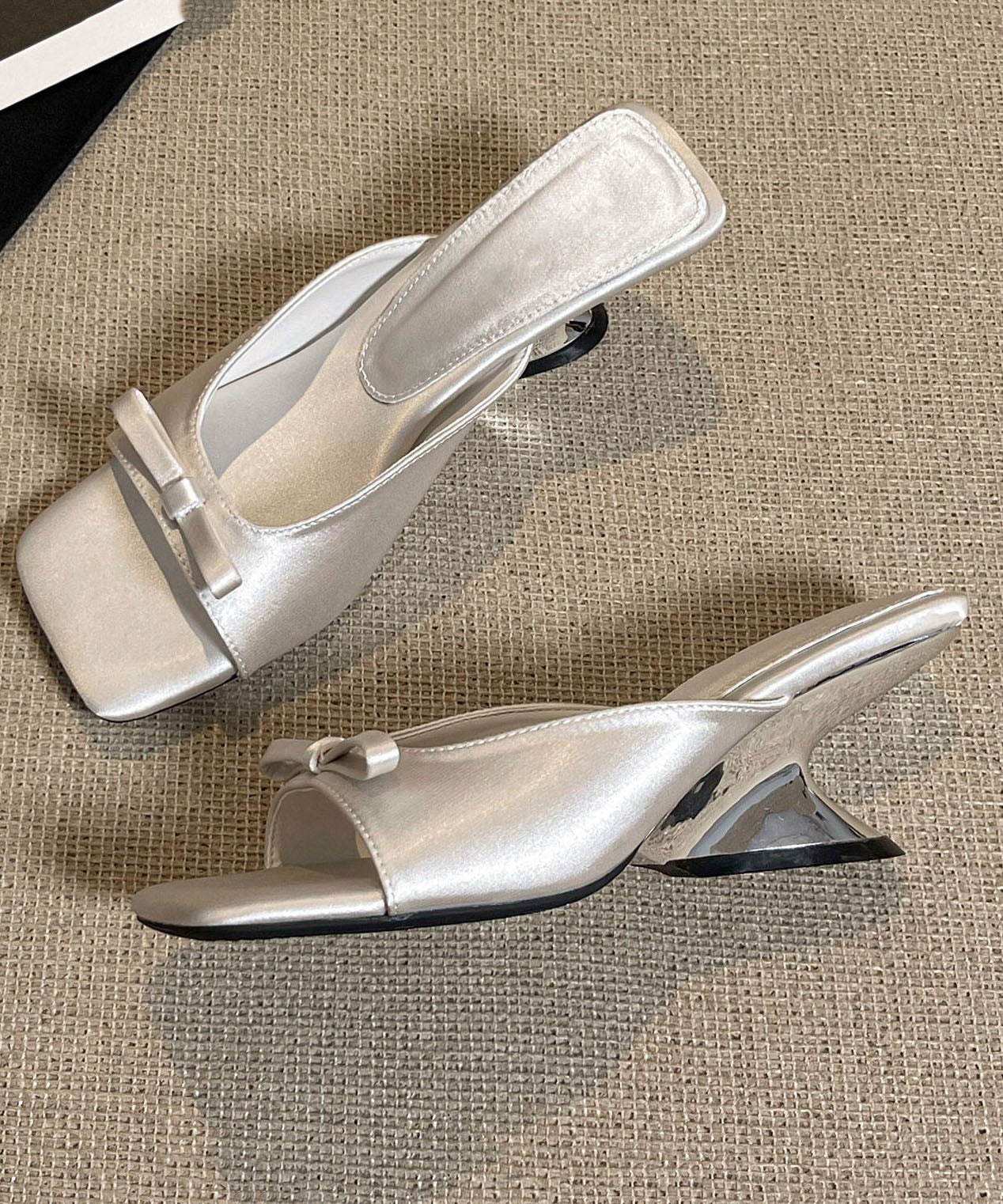 Fashion Black Bow Splicing Satin Wedge Slide Sandals