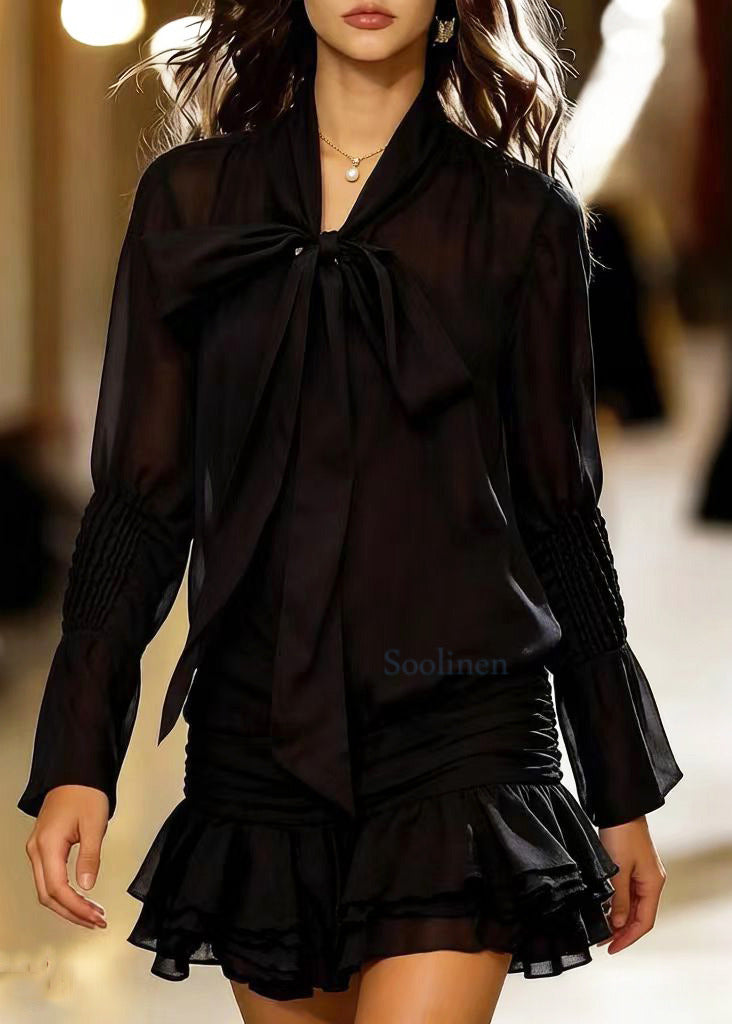 Fashion Black Bow Wrinkled Chiffon Shirt Dress Spring