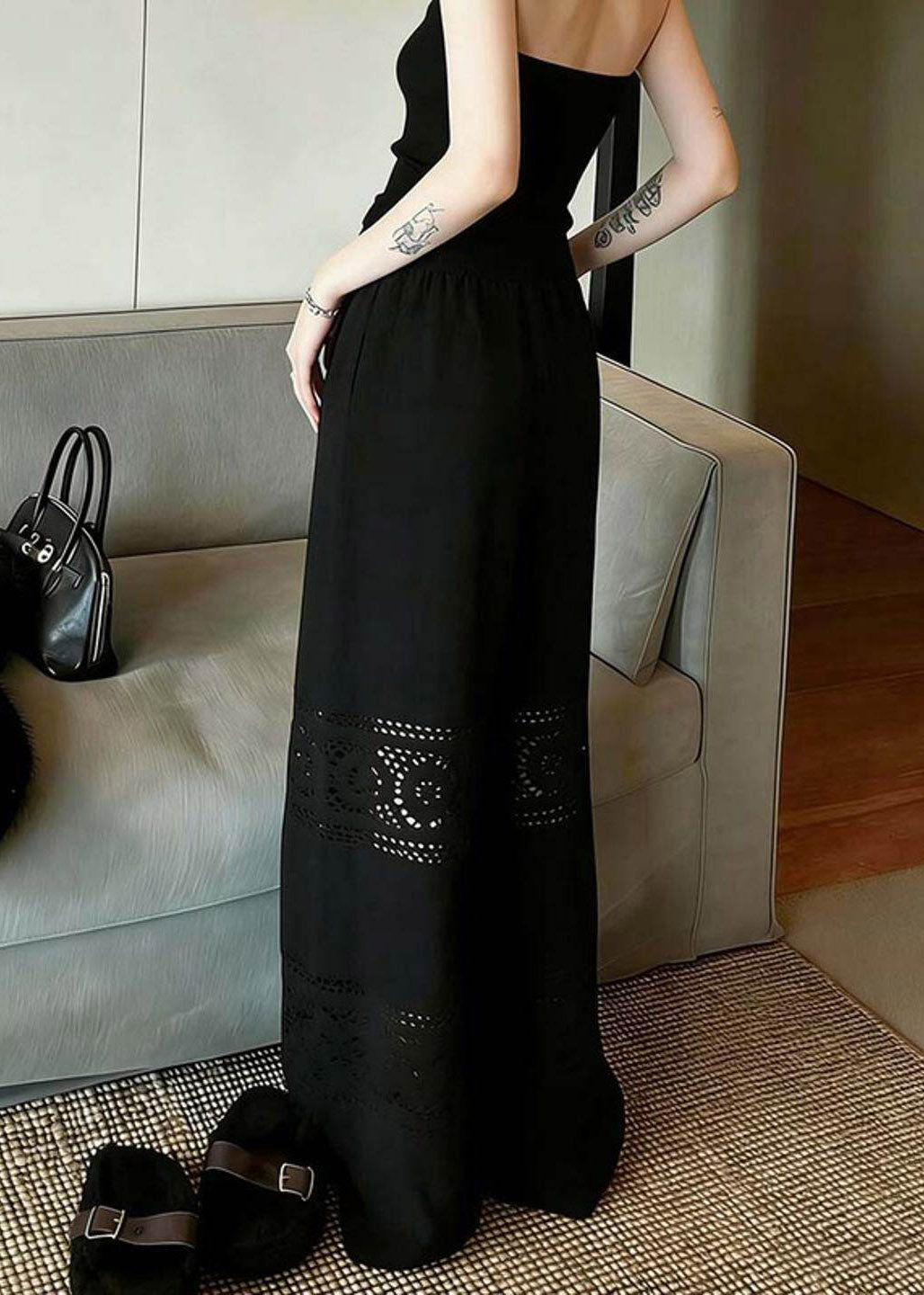 Fashion Black Hollow Out Wide Leg Pants Summer