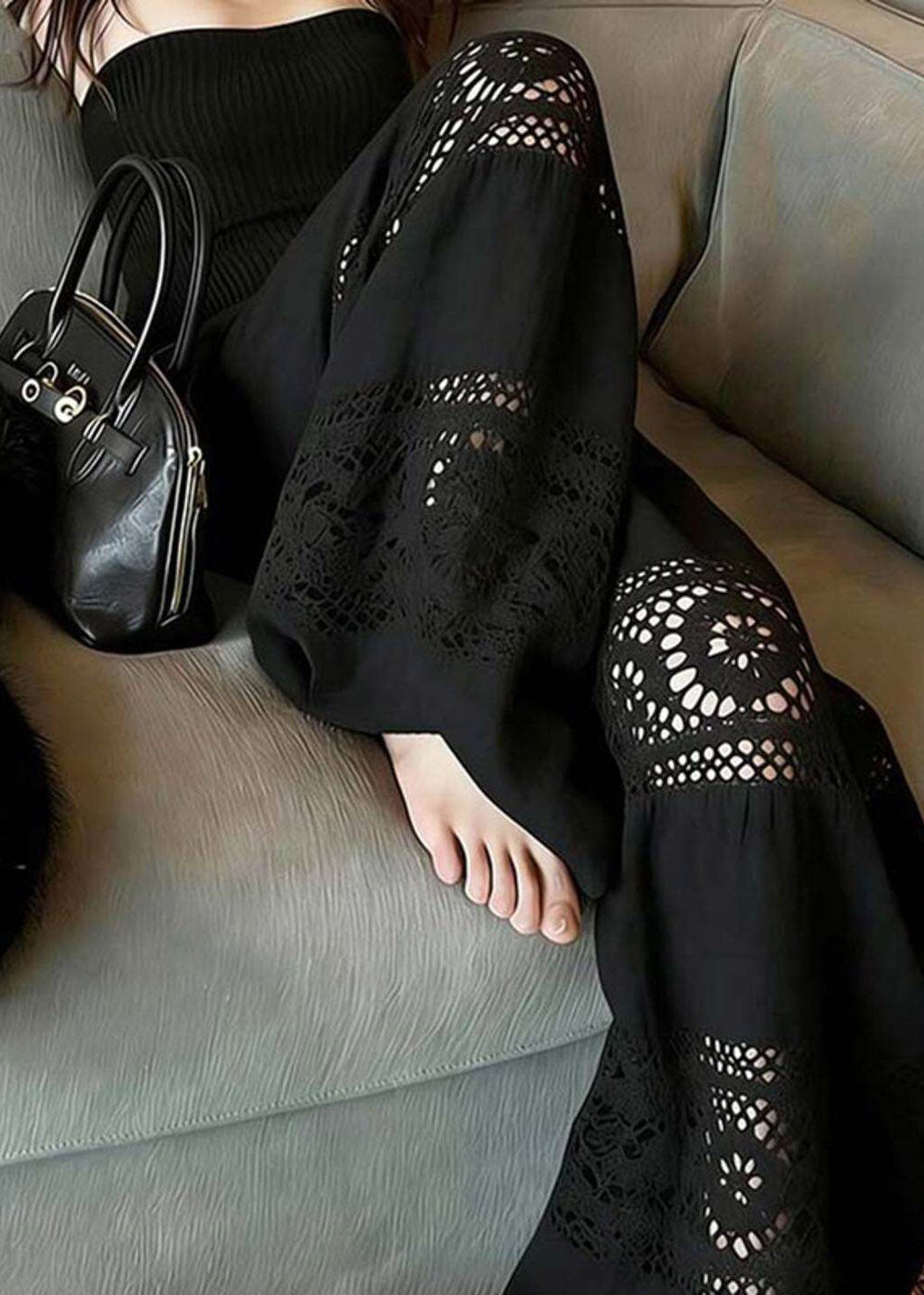 Fashion Black Hollow Out Wide Leg Pants Summer