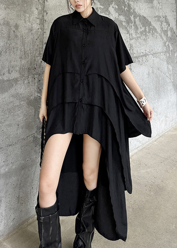 Fashion Black Peter Pan Collar Asymmetrical Design Cotton Shirts Summer
