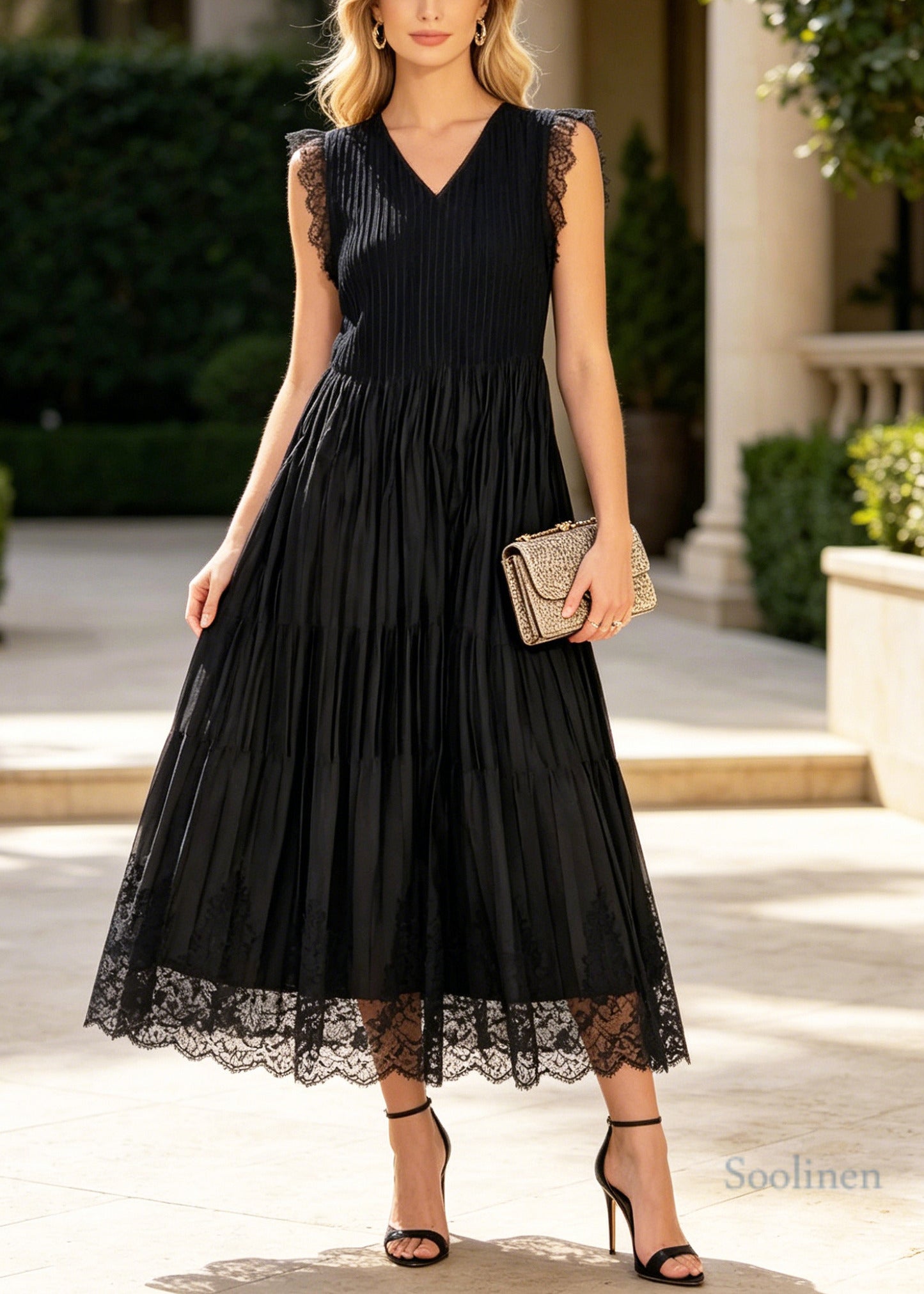 Fashion Black Wrinkled Patchwork Lace Holiday Dress Sleeveless