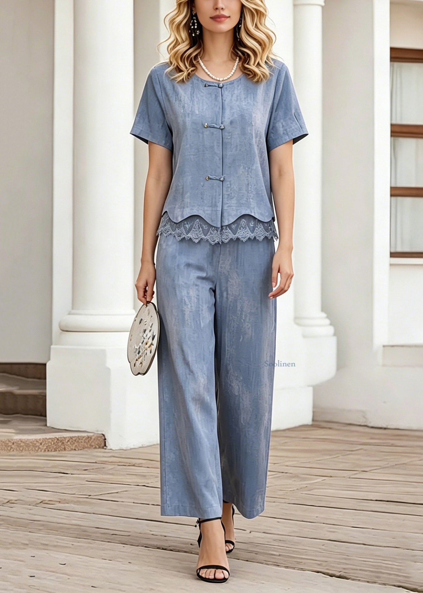 Fashion Blue Lace Patchwork Shirt And Crop Pants Two-Piece Set Short Sleeve