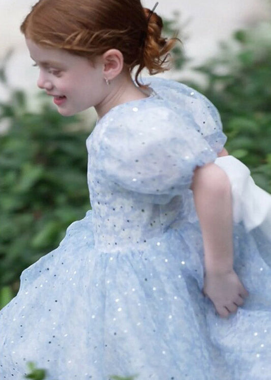 Fashion Blue O-Neck Patchwork Square Tulle Girls Maxi Dress Summer