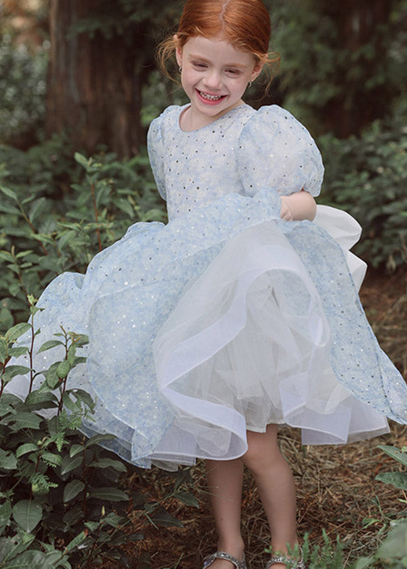 Fashion Blue O-Neck Patchwork Square Tulle Girls Maxi Dress Summer