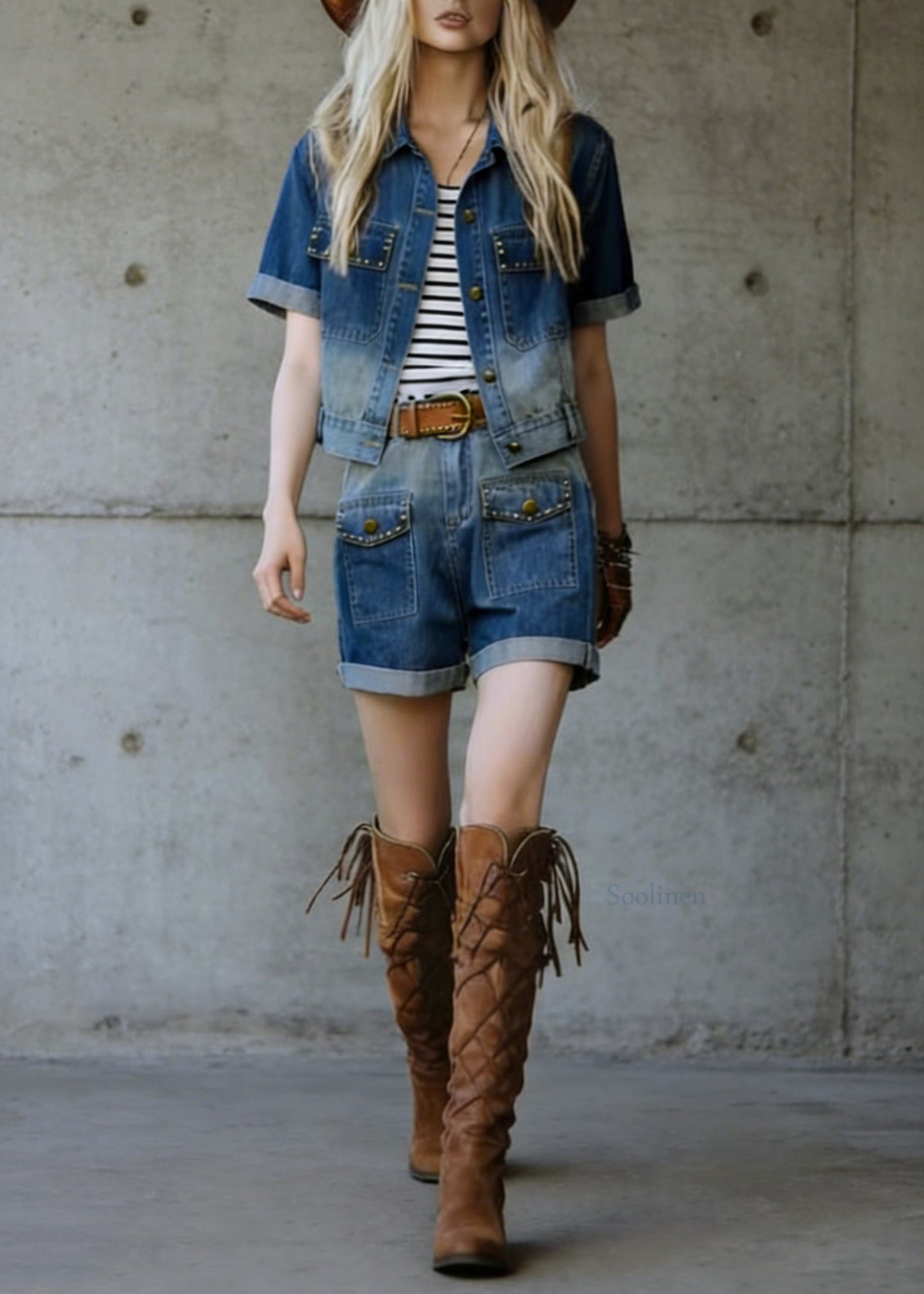 Fashion Blue Rivet Top And Shorts Denim Two Piece Suit Set Summer