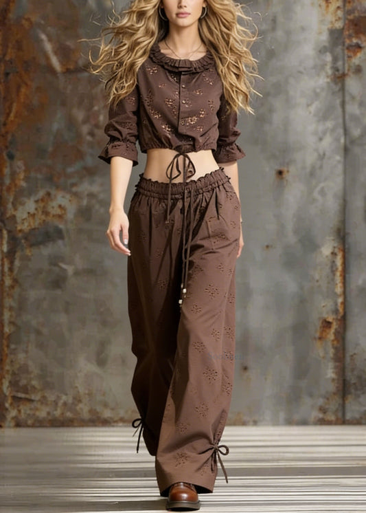 Conjunto de dos piezas de algodón con volantes y cordones, color café moda, primavera