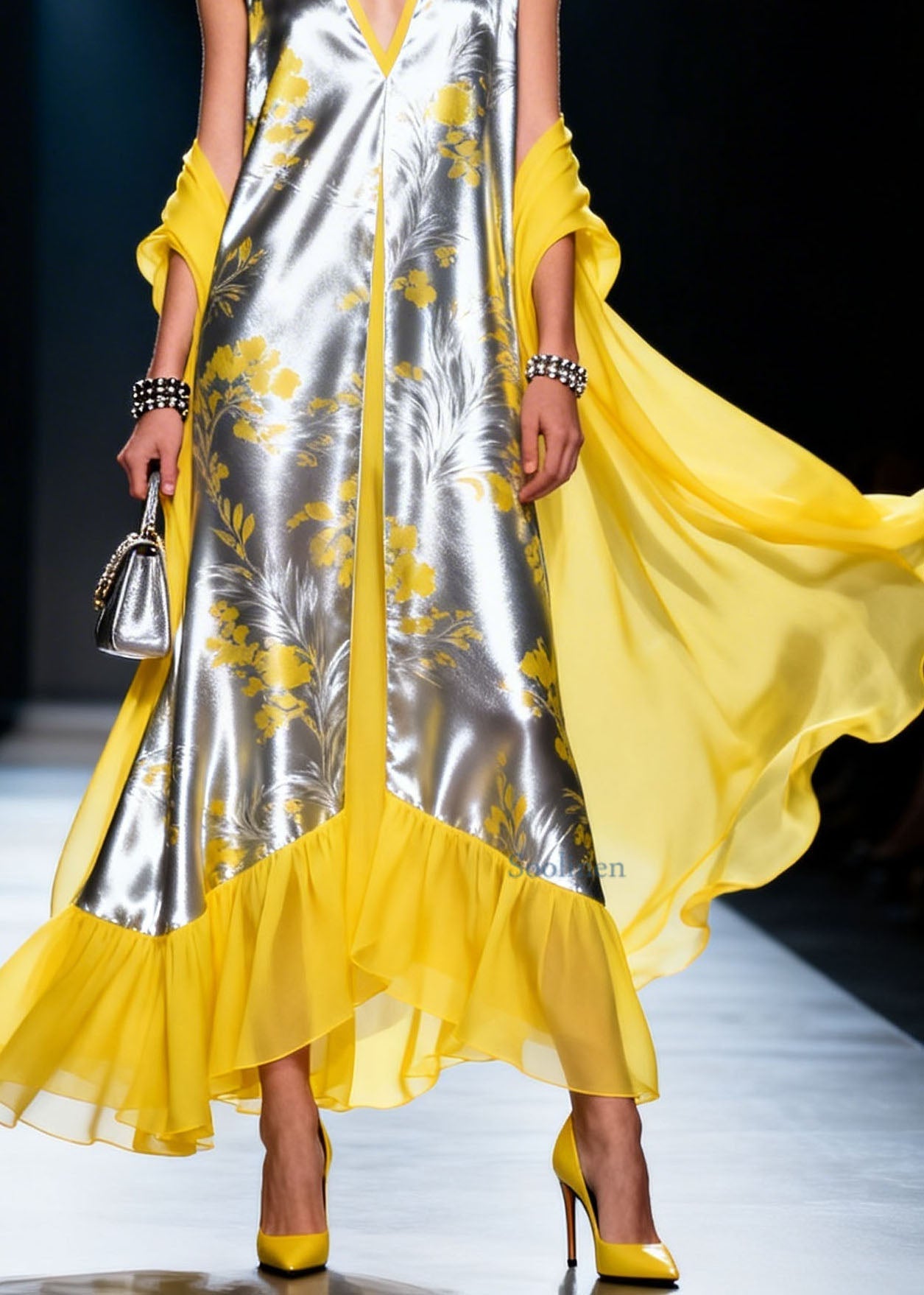Fashion Colorblock V Neck Ruffled Patchwork Silk Dress Summer