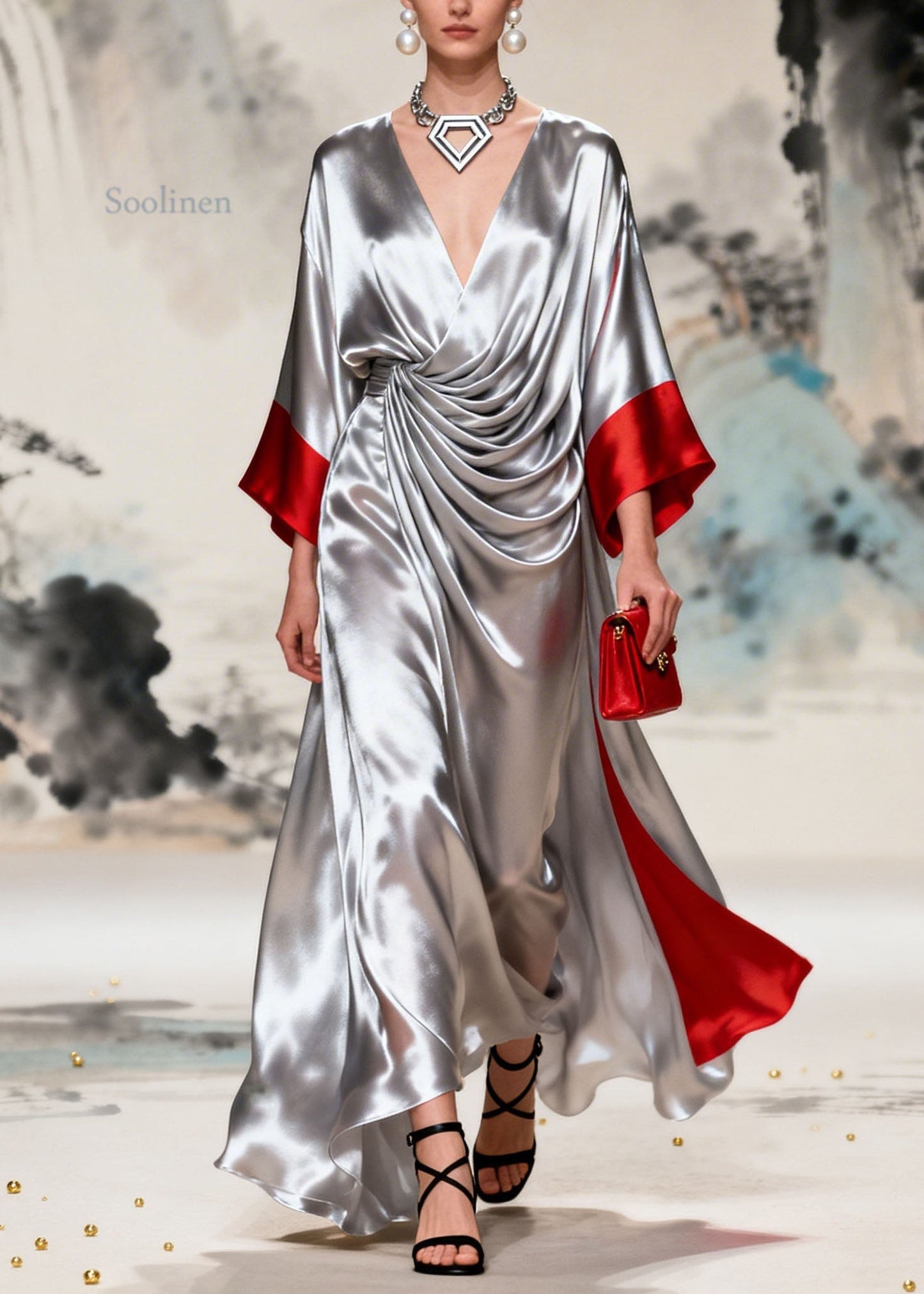 Fashion Colorblock V Neck Wrinkled Patchwork Silk Dress