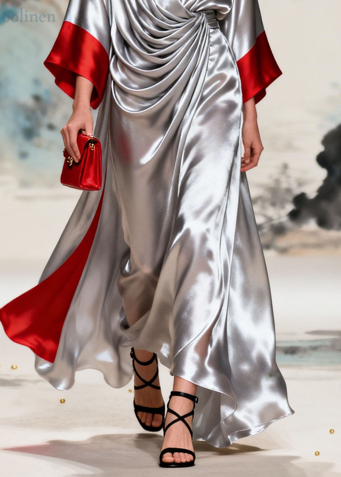 Fashion Colorblock V Neck Wrinkled Patchwork Silk Dress