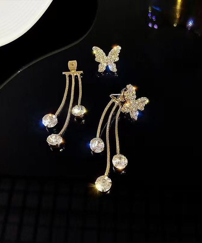 Fashion Gold Copper Overgild Zircon Butterfly Tassel Drop Earrings