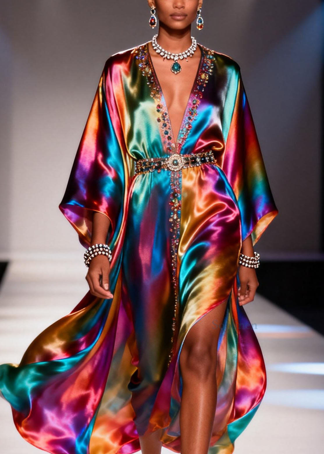 Fashion Gradient Color V Neck Zircon Chiffon Dress Summer
