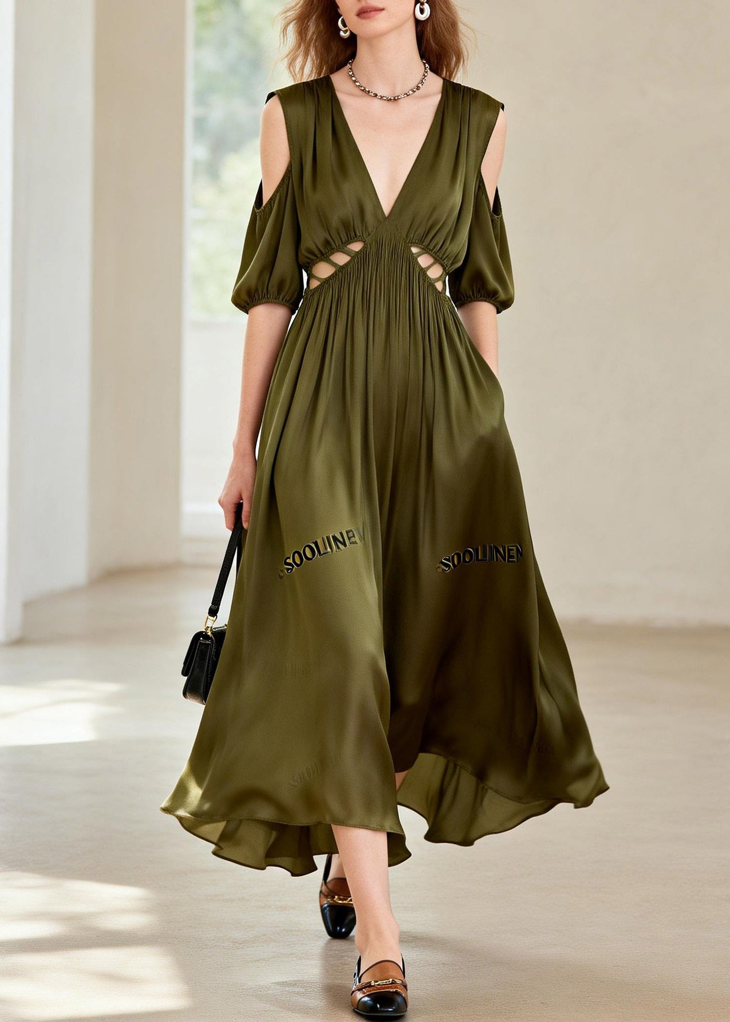 Fashion Green Hollow Out Wrinkled Chiffon Long Dress Summer
