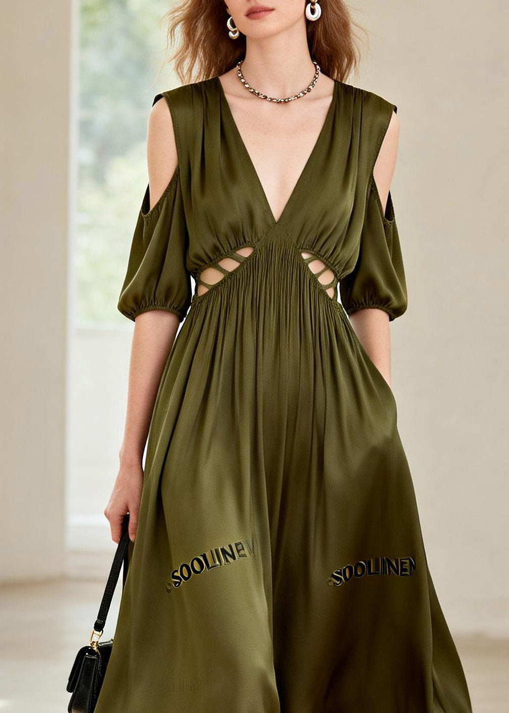 Fashion Green Hollow Out Wrinkled Chiffon Long Dress Summer