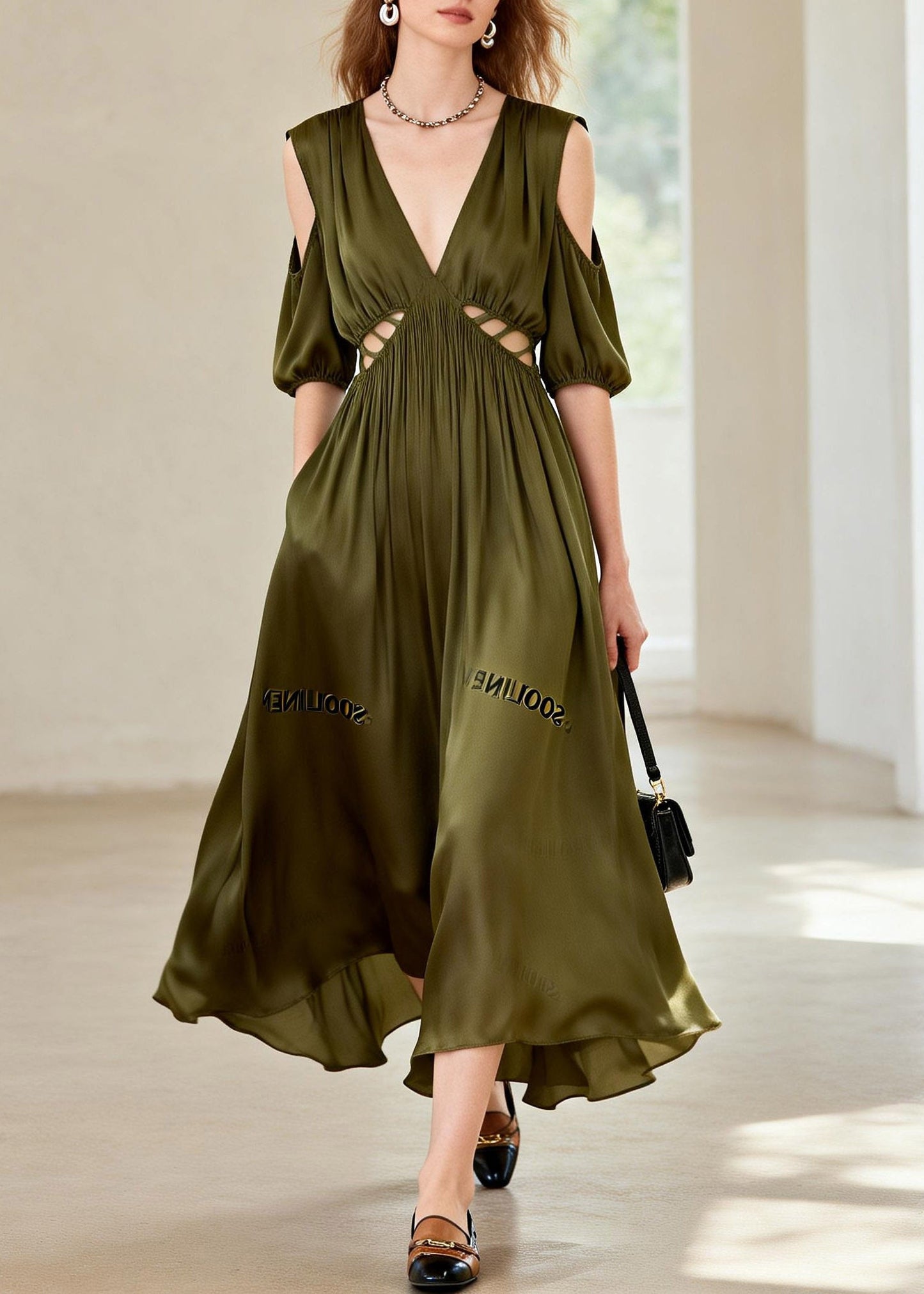 Fashion Green Hollow Out Wrinkled Chiffon Long Dress Summer
