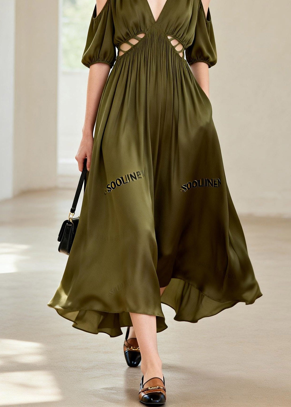 Fashion Green Hollow Out Wrinkled Chiffon Long Dress Summer