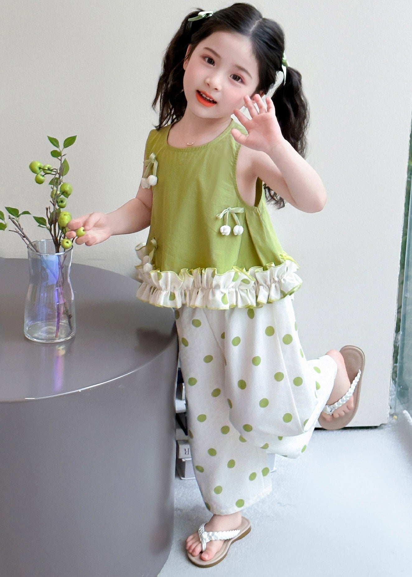 Fashion Green Patchwork Kids Vest And Crop Pants Two Pieces Set Sleeveless