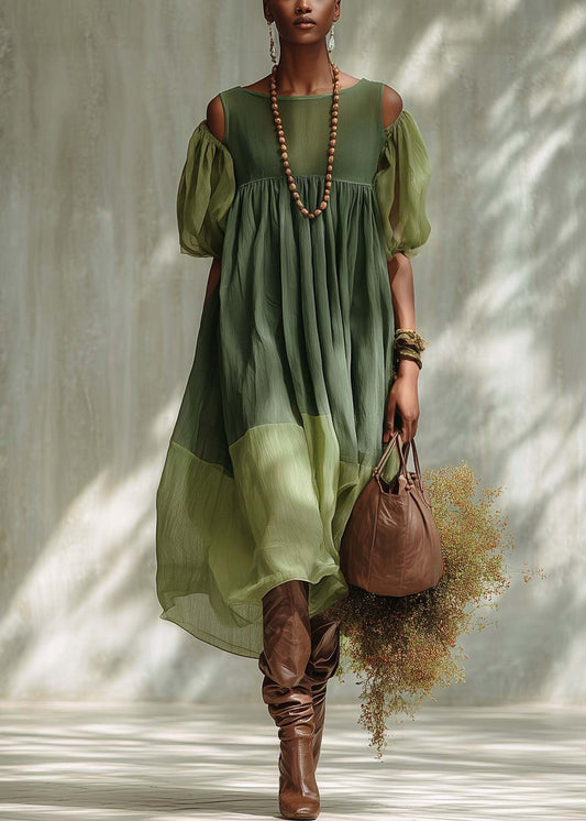 Fashion Green Puff Sleeve Patchwork Cotton Vacation Dress