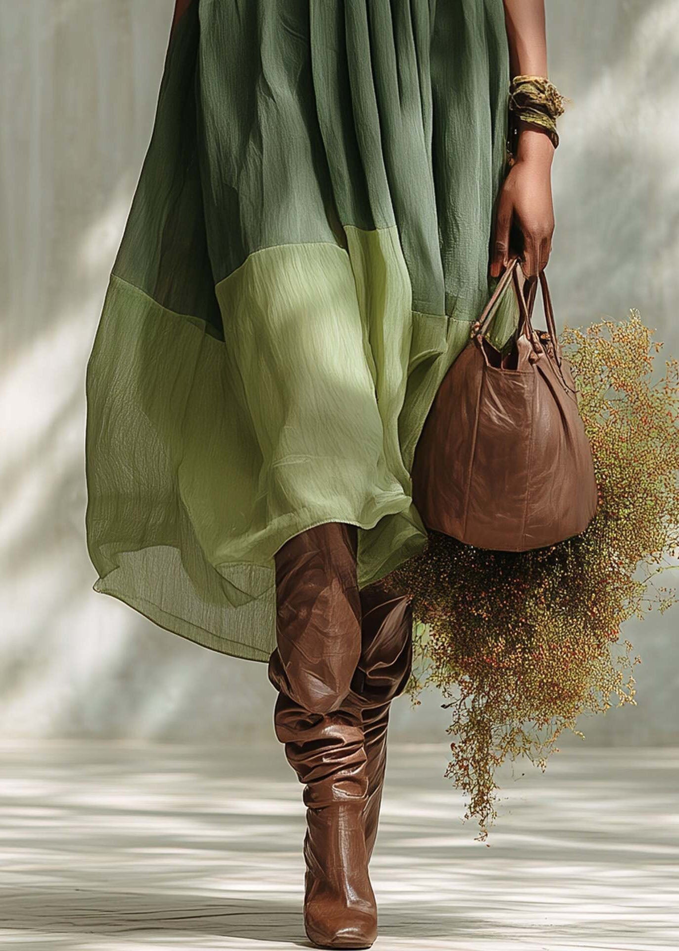 Fashion Green Puff Sleeve Patchwork Cotton Vacation Dress