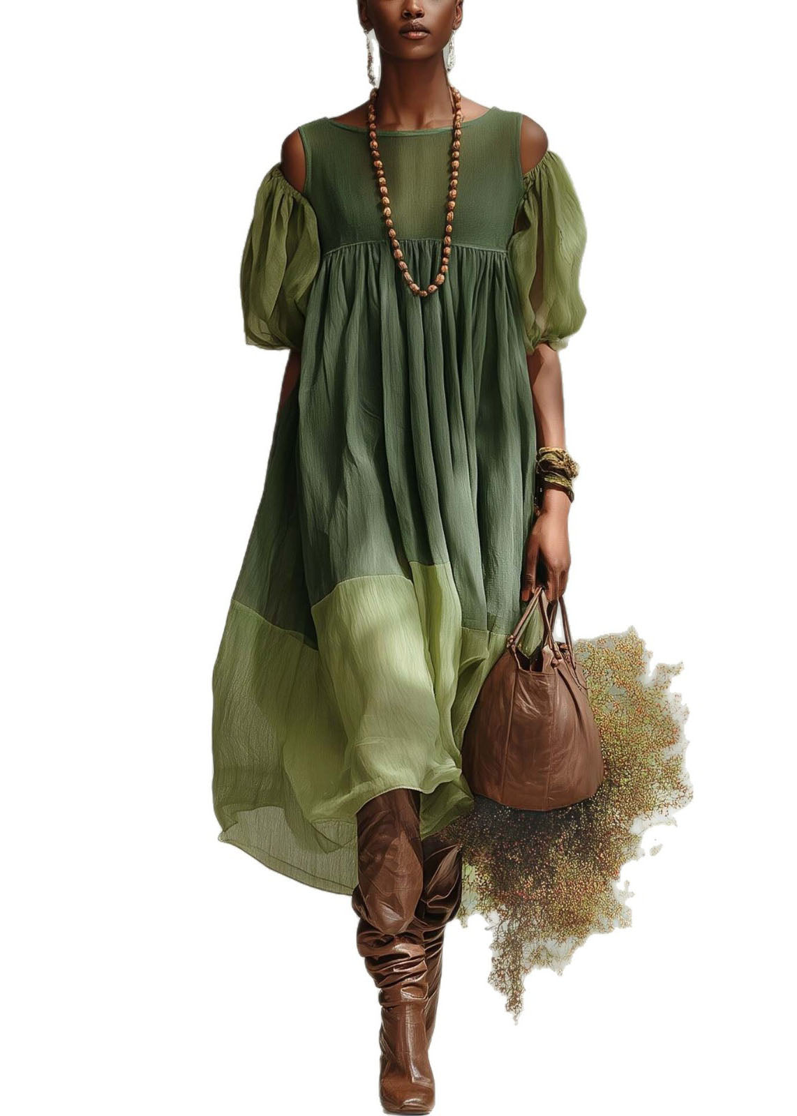 Fashion Green Puff Sleeve Patchwork Cotton Vacation Dress