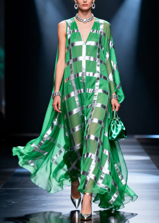 Fashion Green V Neck Print Chiffon Long Dress Summer