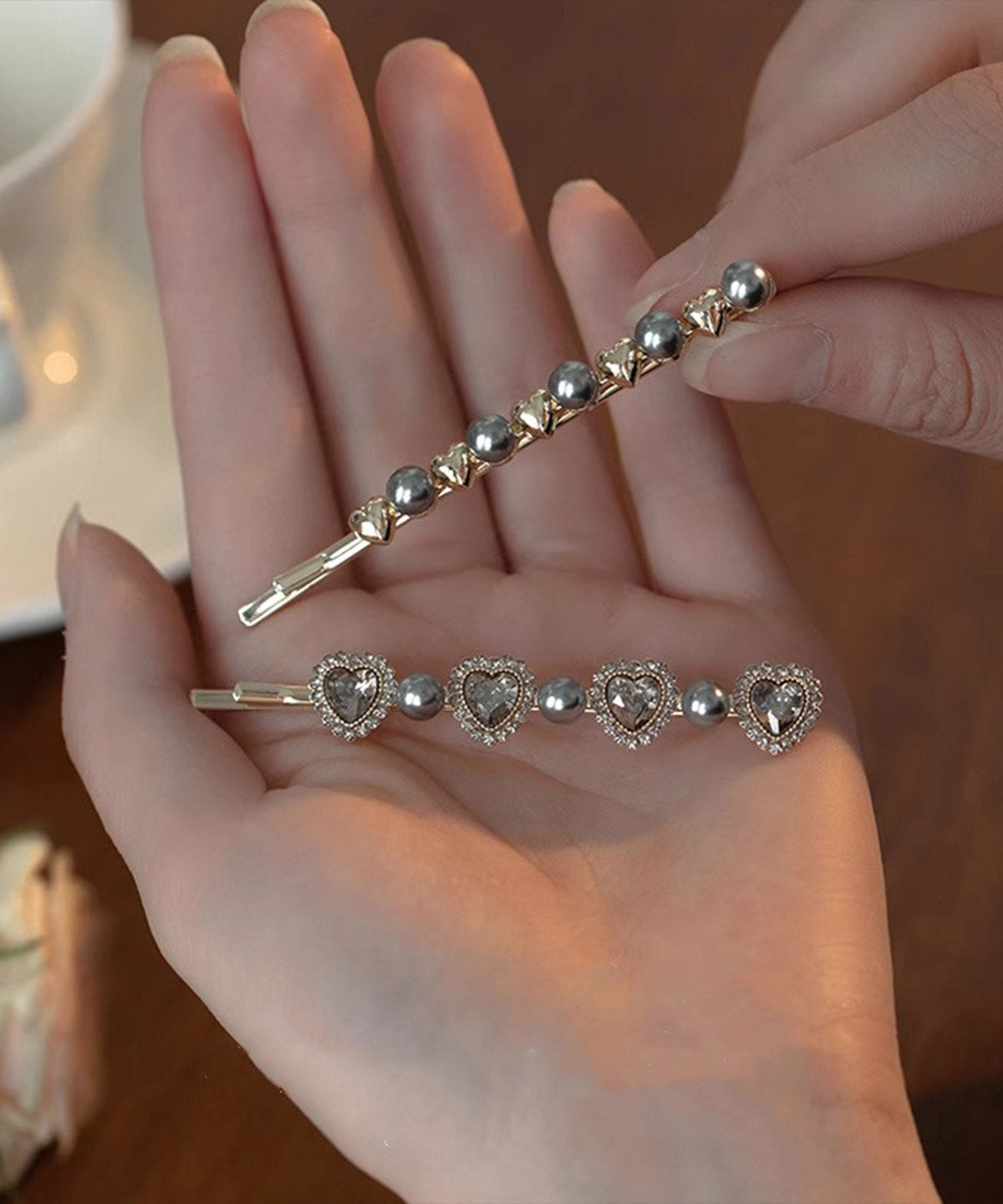 Fashion Grey Alloy Crystal Zircon Pearl A Pair Hairpin