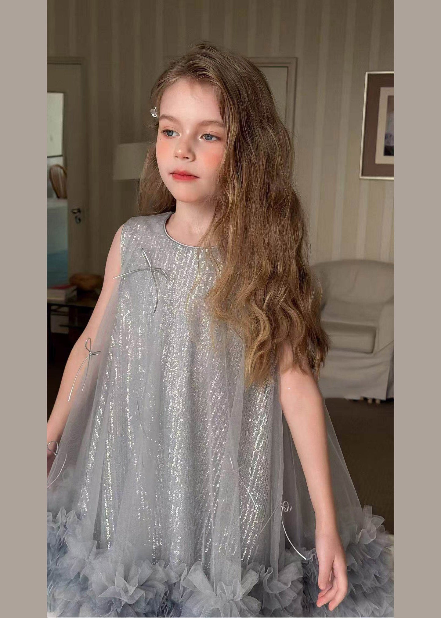 Fashion Grey Sequins Tulle Girls Holiday Long Dress Summer