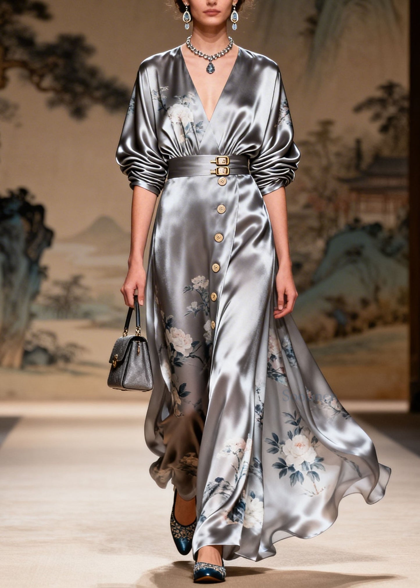 Fashion Grey V Neck Print Patchwork Silk Two Piece Set Summer