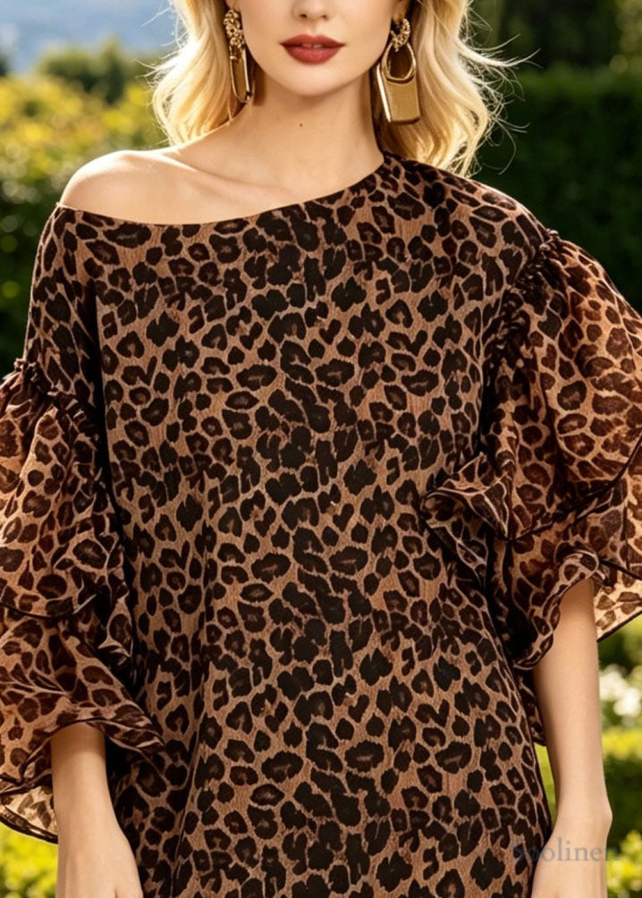 Fashion Khaki Leopard Print Cotton Mid Dress Butterfly Sleeve
