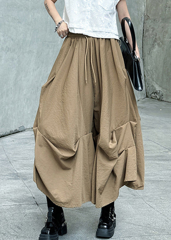 Fashion Khaki Wrinkled Patchwork Elastic Waist Cotton Skirt Summer