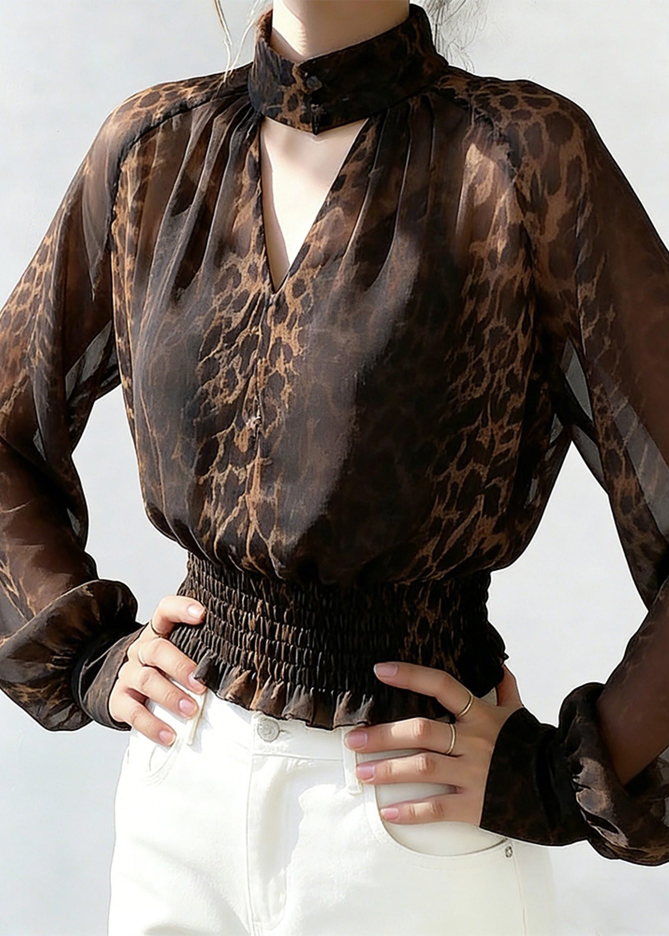 Fashion Leopard Turtleneck Hollow Out Chiffon Shirts Spring