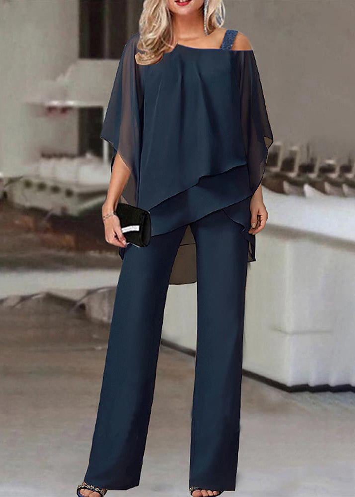 Fashion Navy Cold Shoulder Patchwork Chiffon Two Pieces Set Summer