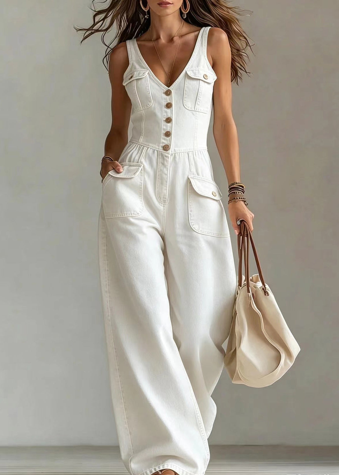 Fashion Navy V Neck Pockets Patchwork Denim Jumpsuit Summer