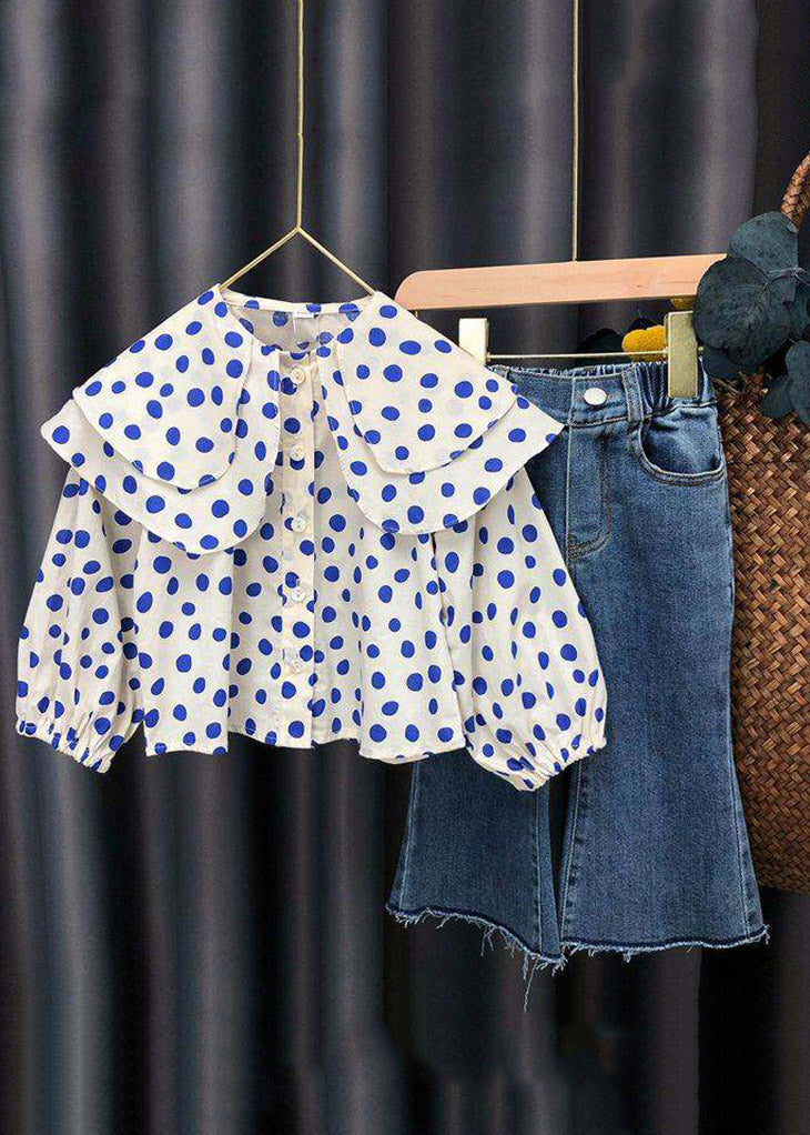 Fashion O-Neck Dot Print Kids Shirts And Jeans Two Piece Set Fall