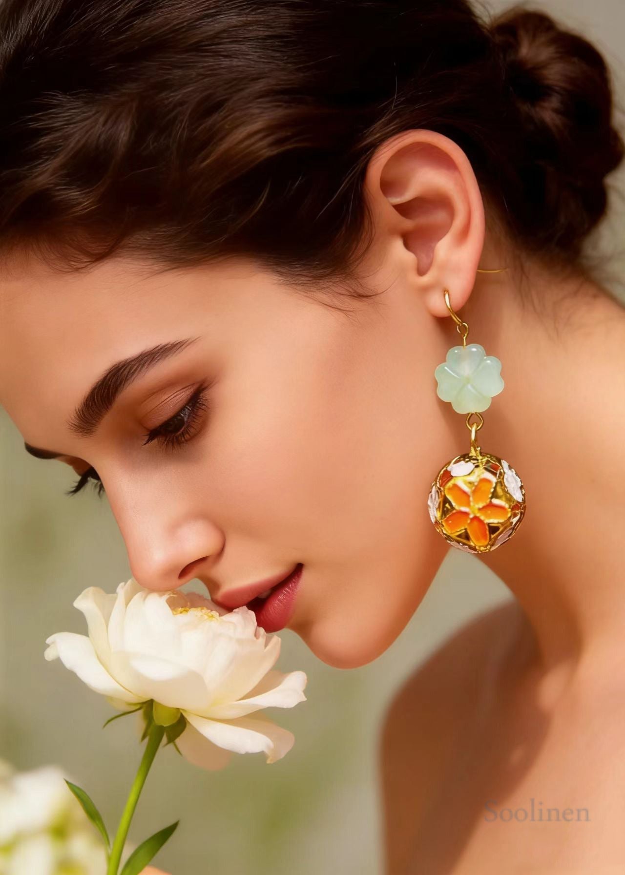 Fashion Painting Circular Fine Flower Jade Drop Earrings