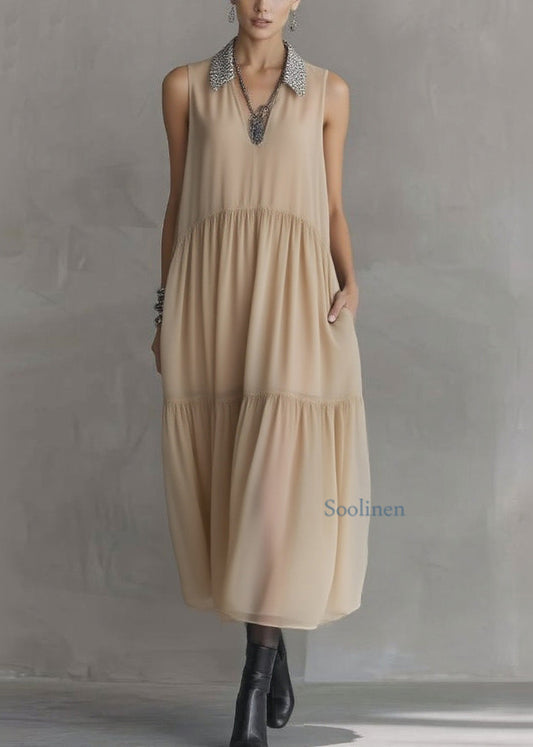 Fashion Peter Pan Collar Wrinkled Patchwork Chiffon Dress Sleeveless