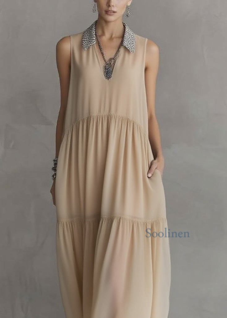 Fashion Peter Pan Collar Wrinkled Patchwork Chiffon Dress Sleeveless