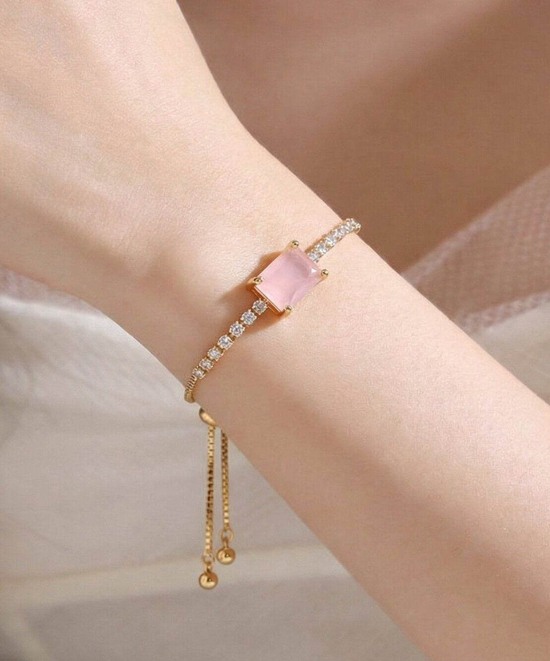 Fashion Pink Alloy Zircon Gem Stone Tassel Pendant Necklace
