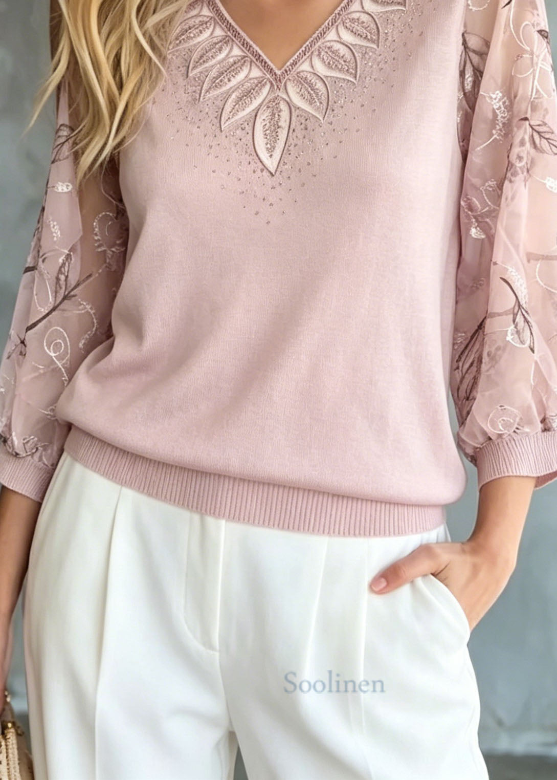 Fashion Pink Embroidered Zircon Knit Top Bracelet Sleeve