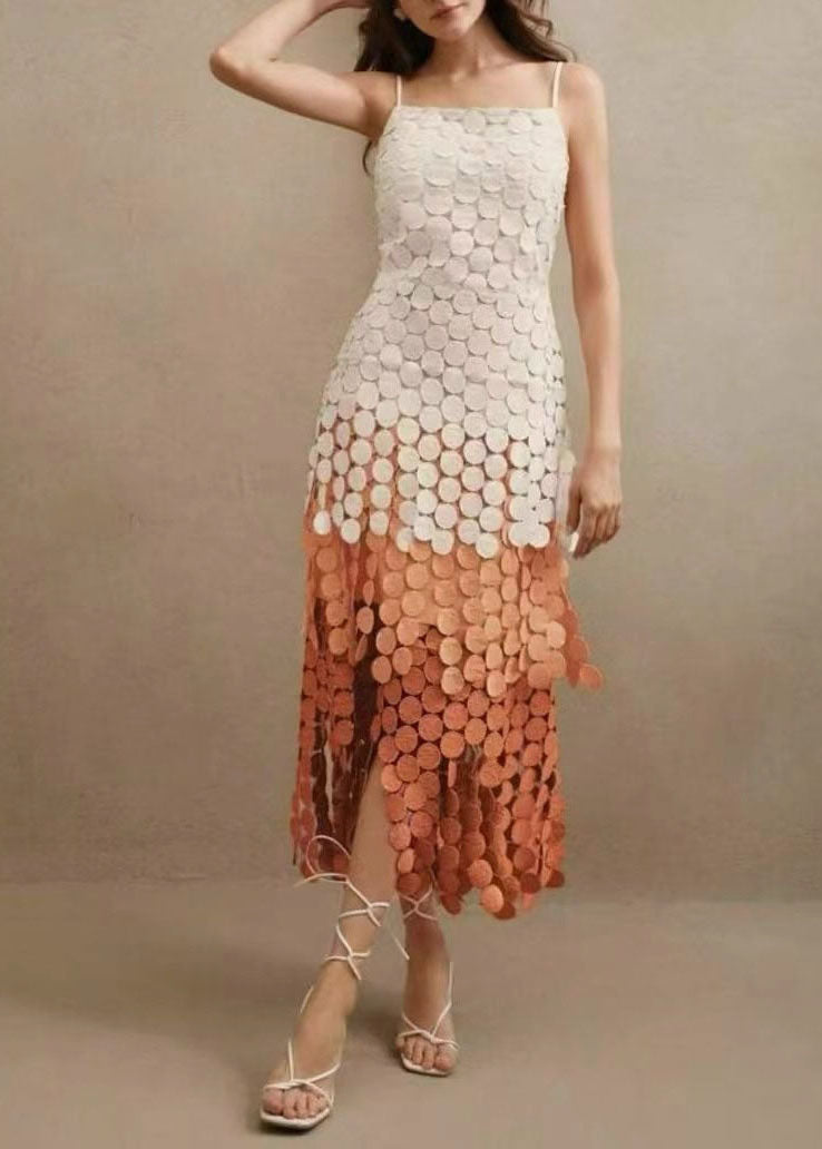 Fashion Pink Gradient Tasseled Spaghetti Strap Dress Summer