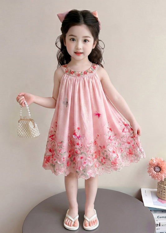 Fashion Pink Print Cotton Kids Girls Vacation Dress Sleeveless