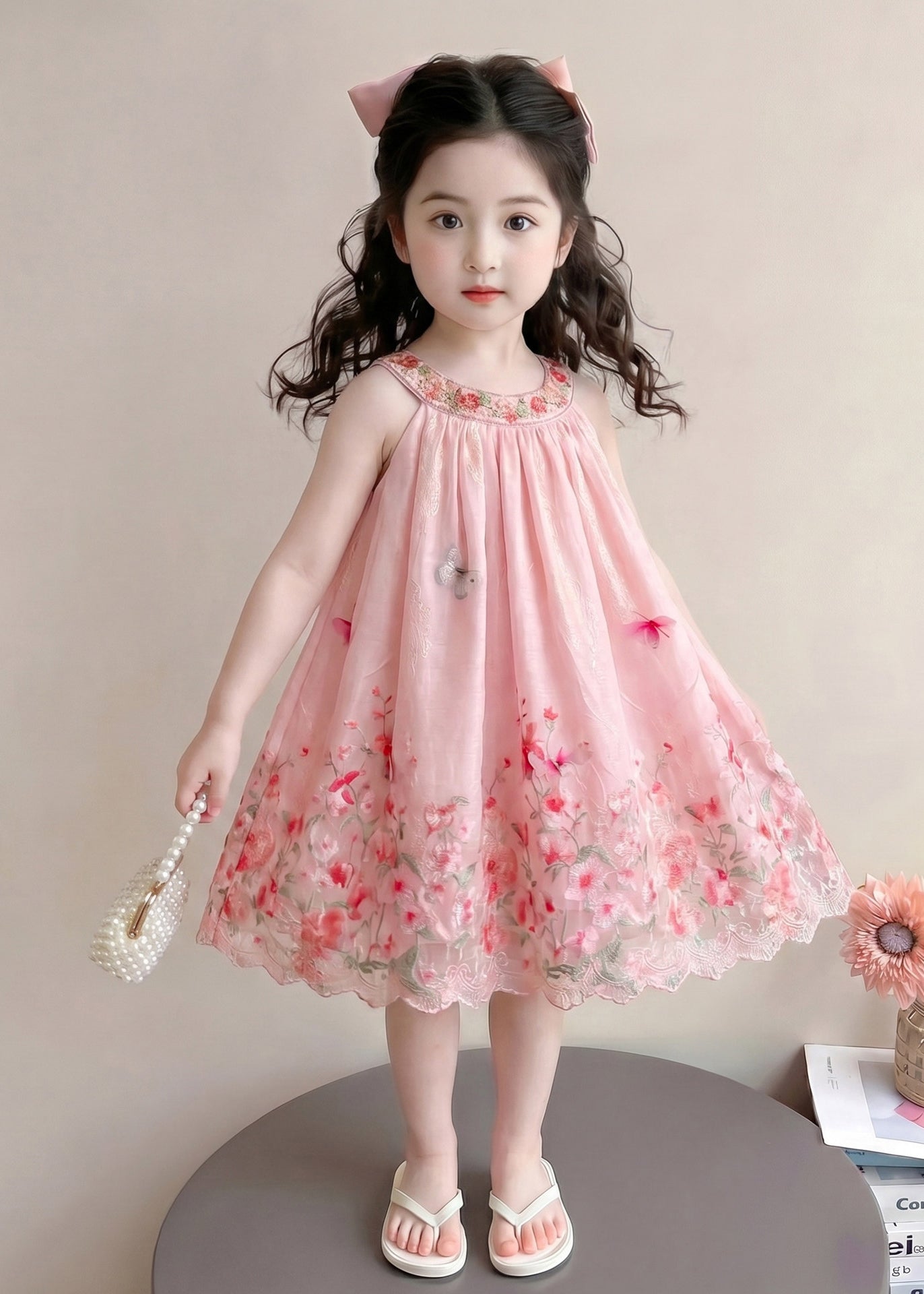 Fashion Pink Print Cotton Kids Girls Vacation Dress Sleeveless