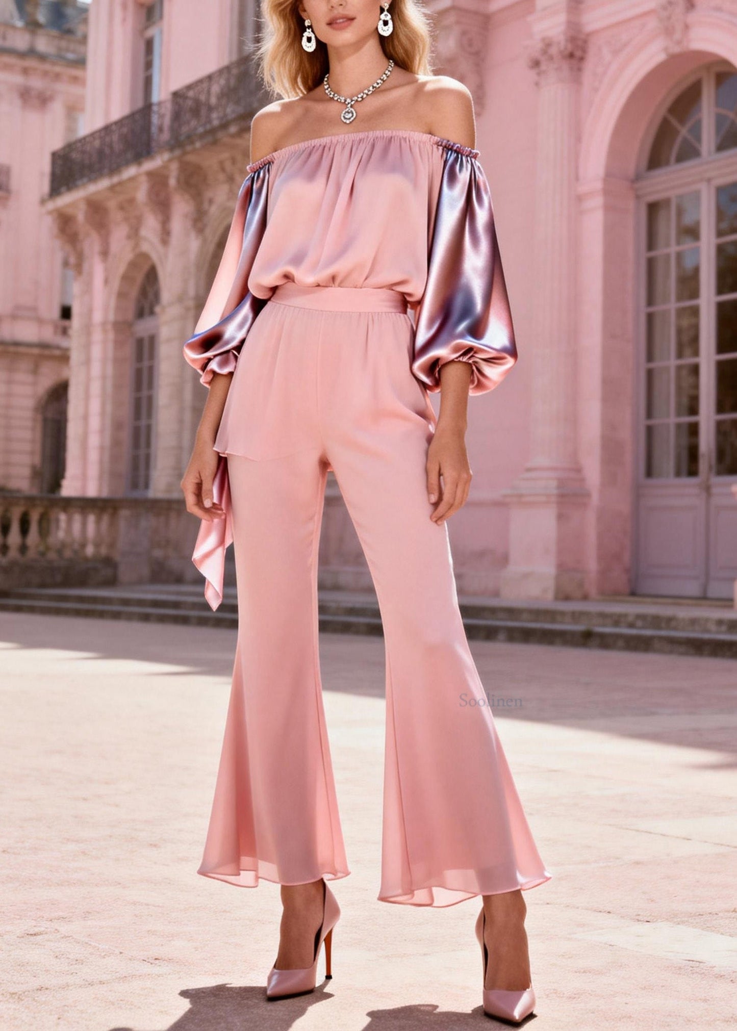 Fashion Pink Slash Neck Cold Shoulder Patchwork Silk Two-Piece Set Spring