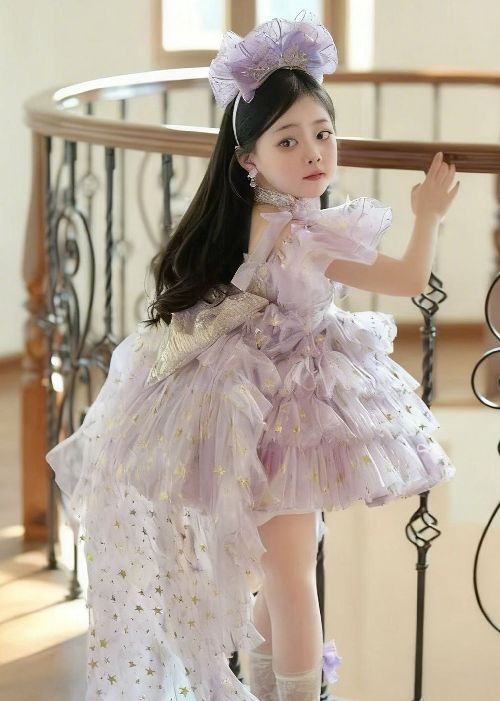 Fashion Purple Sequins Butterfly Tulle Kids Girls Dresses Summer