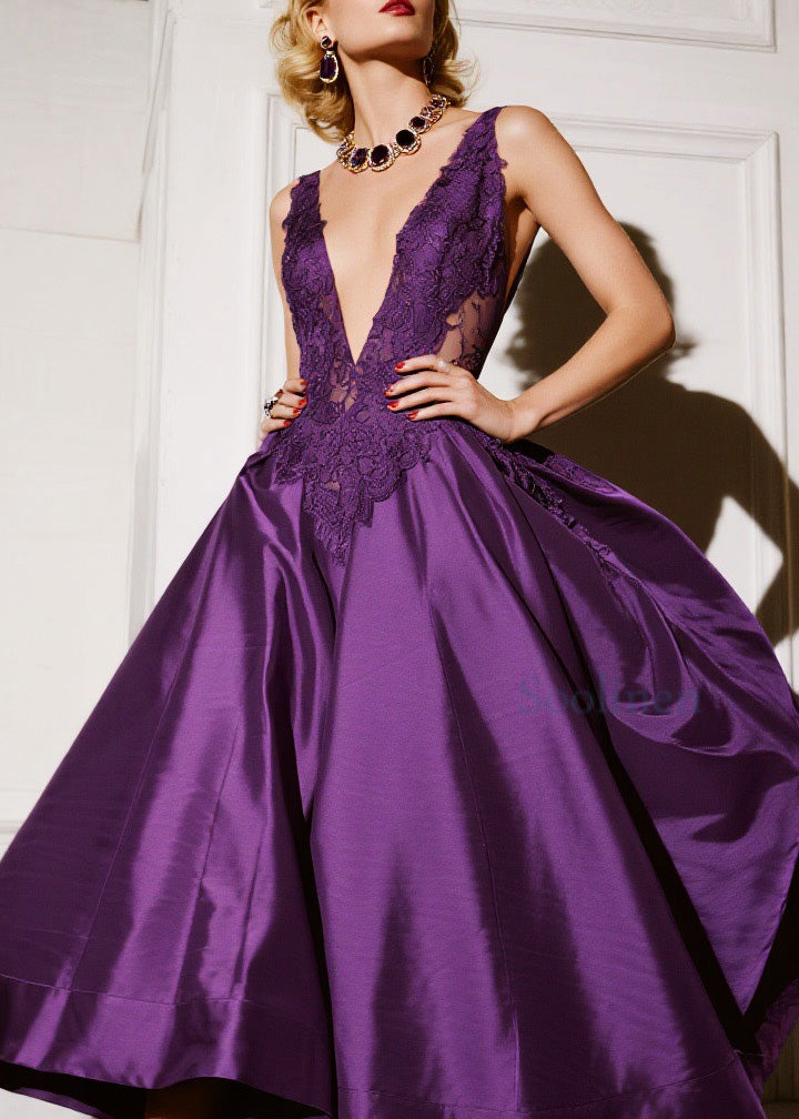 Fashion Purple V Neck Lace Patchwork Silk Dresses Summer