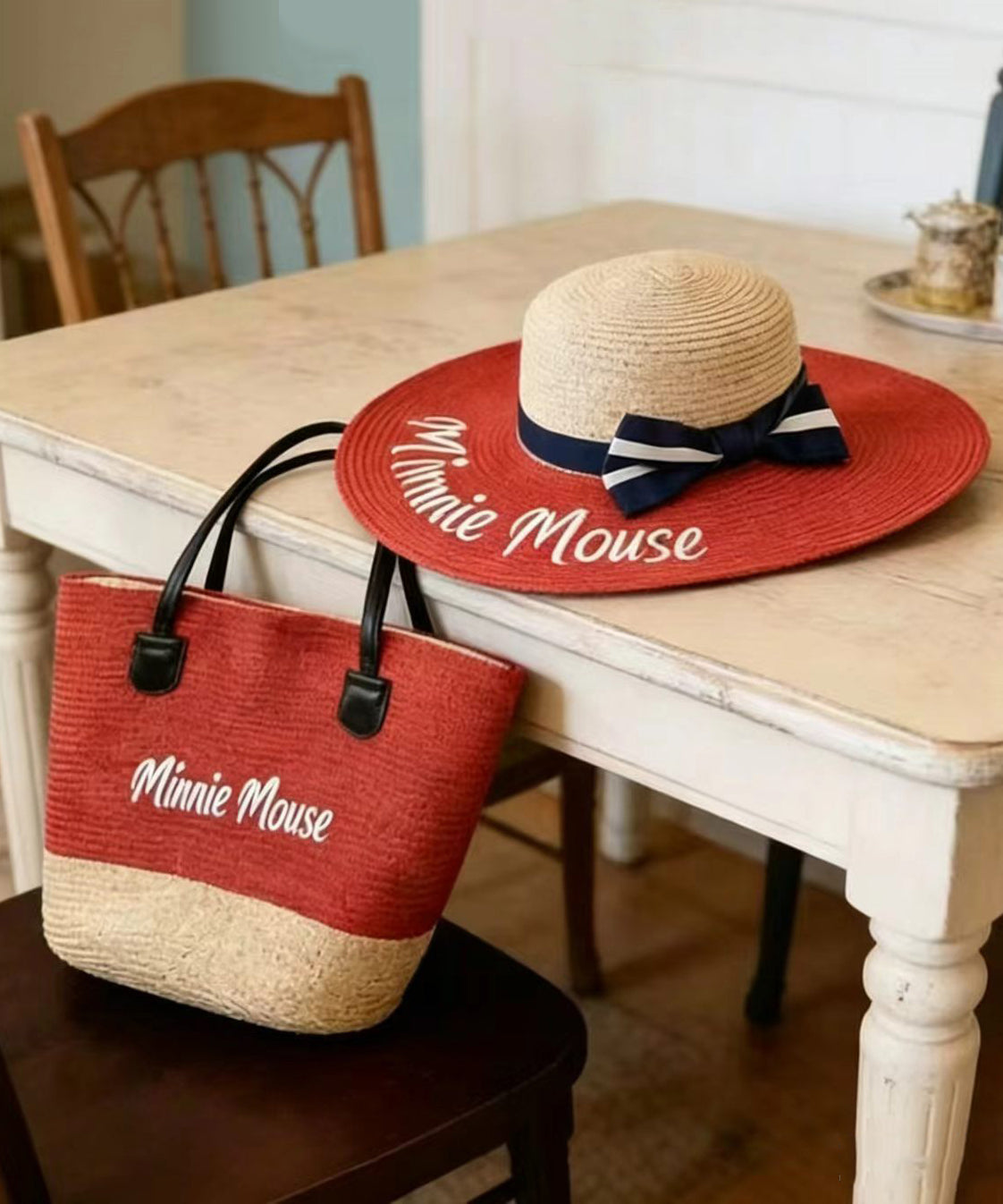 Fashion Red Letter Print Patchwork Bow Straw Woven Floppy Sun Hat And Shoulder Handbag Two Pieces Set