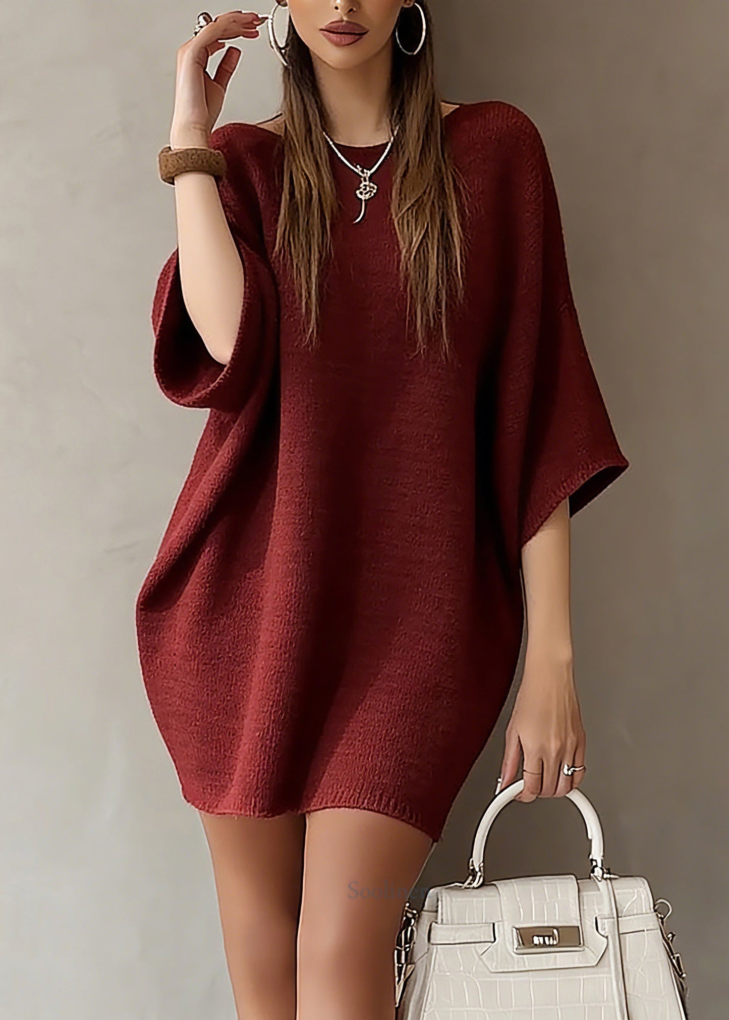 Fashion Red Slash Neck Knit Sweater Dress Batwing Sleeve