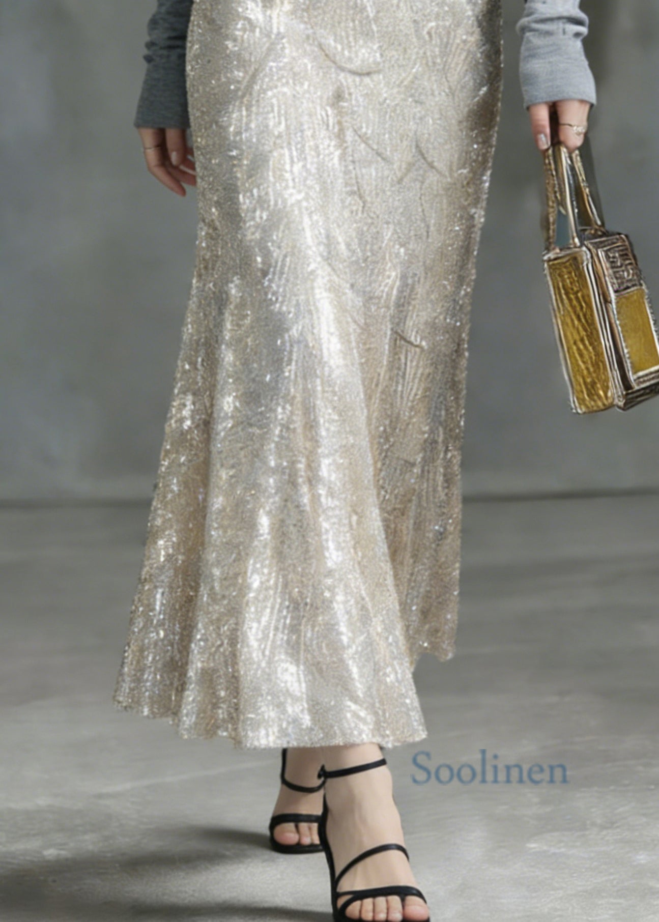 Fashion Silver High Waist Sequins A Line Skirt